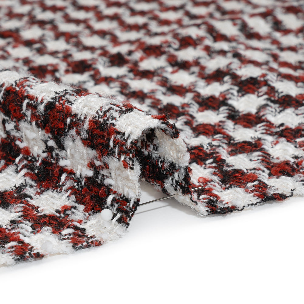 Boucle Tweed with Metallic Eyelash Fringe - White, Black and Red Plaid - Deadstock