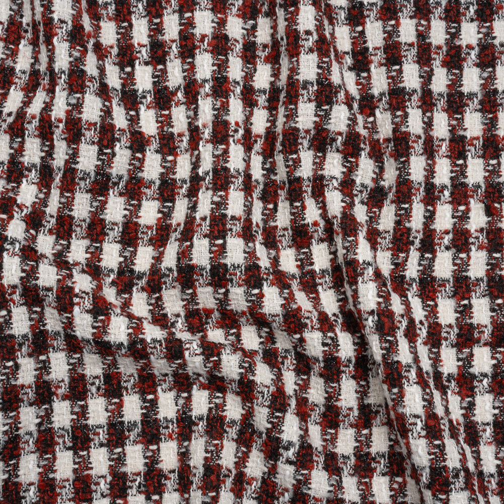 Boucle Tweed with Metallic Eyelash Fringe - White, Black and Red Plaid - Deadstock