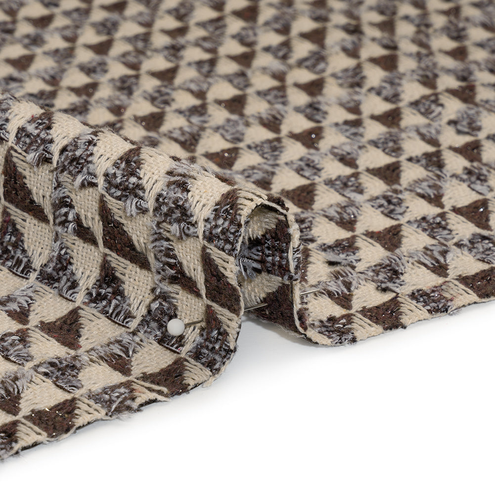 Heavy Polyester Woven with Short Fringe - Ivory and Brown Triangles - Deadstock