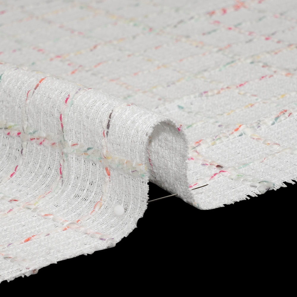 Polyester Tweedy Woven - White and Rainbow Ribbed Windowpane Check - Deadstock