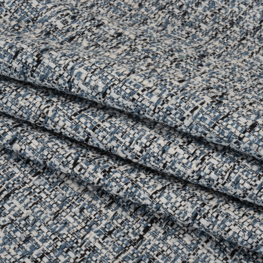 Polyester Tweed with Clear Eyelash Fringe - Blue, White and Black Abstract - Deadstock