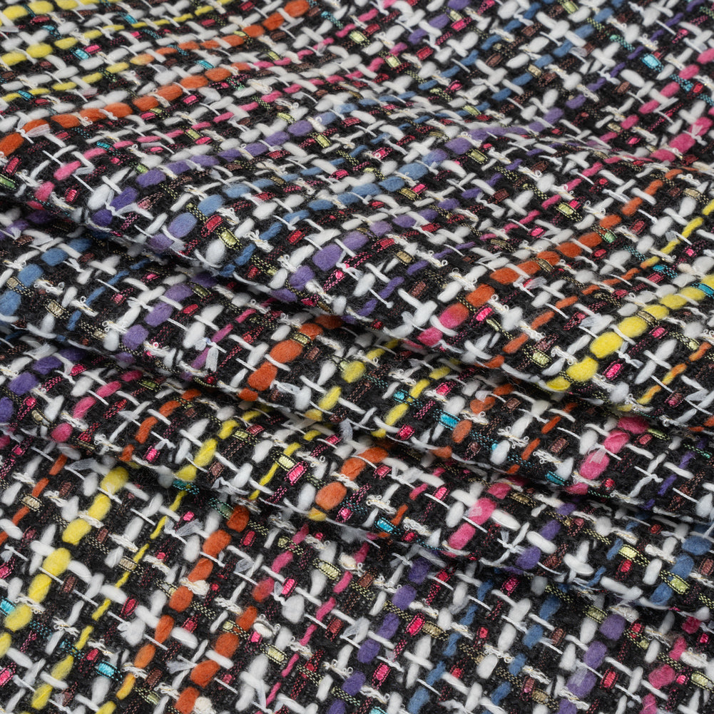 Polyester Tweed - Black, White and Rainbow Tactile Stripes Plaid - Deadstock