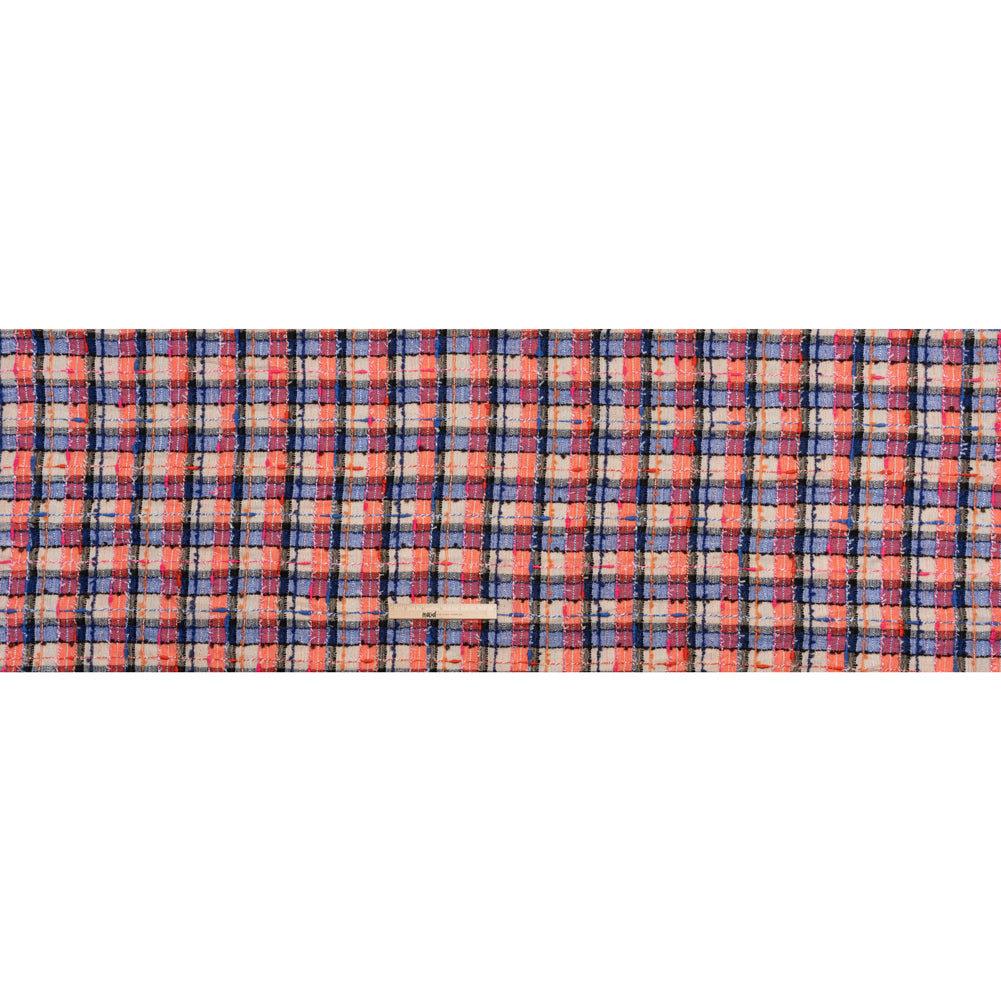 Gauzy Polyester Tweed Woven - Blue, Ivory and Coral Slubbed Plaid - Deadstock