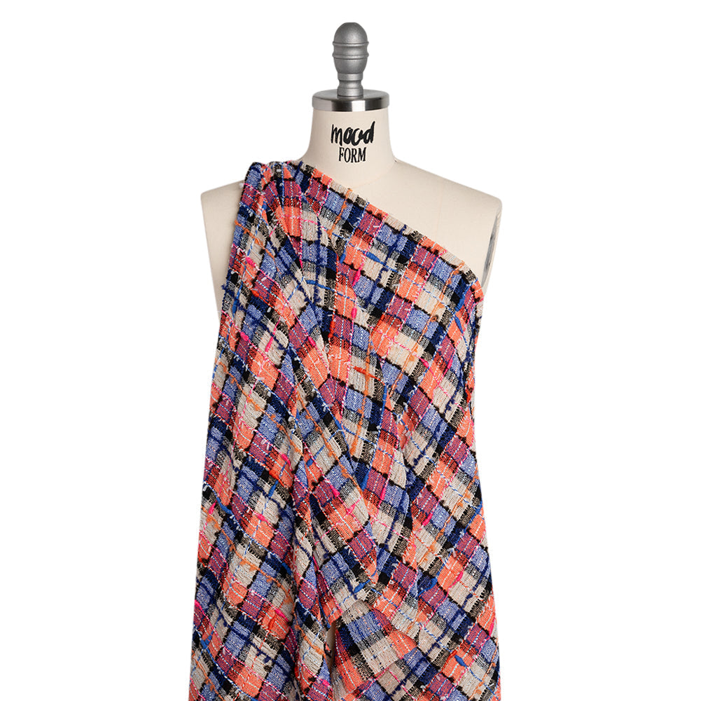 Gauzy Polyester Tweed Woven - Blue, Ivory and Coral Slubbed Plaid - Deadstock