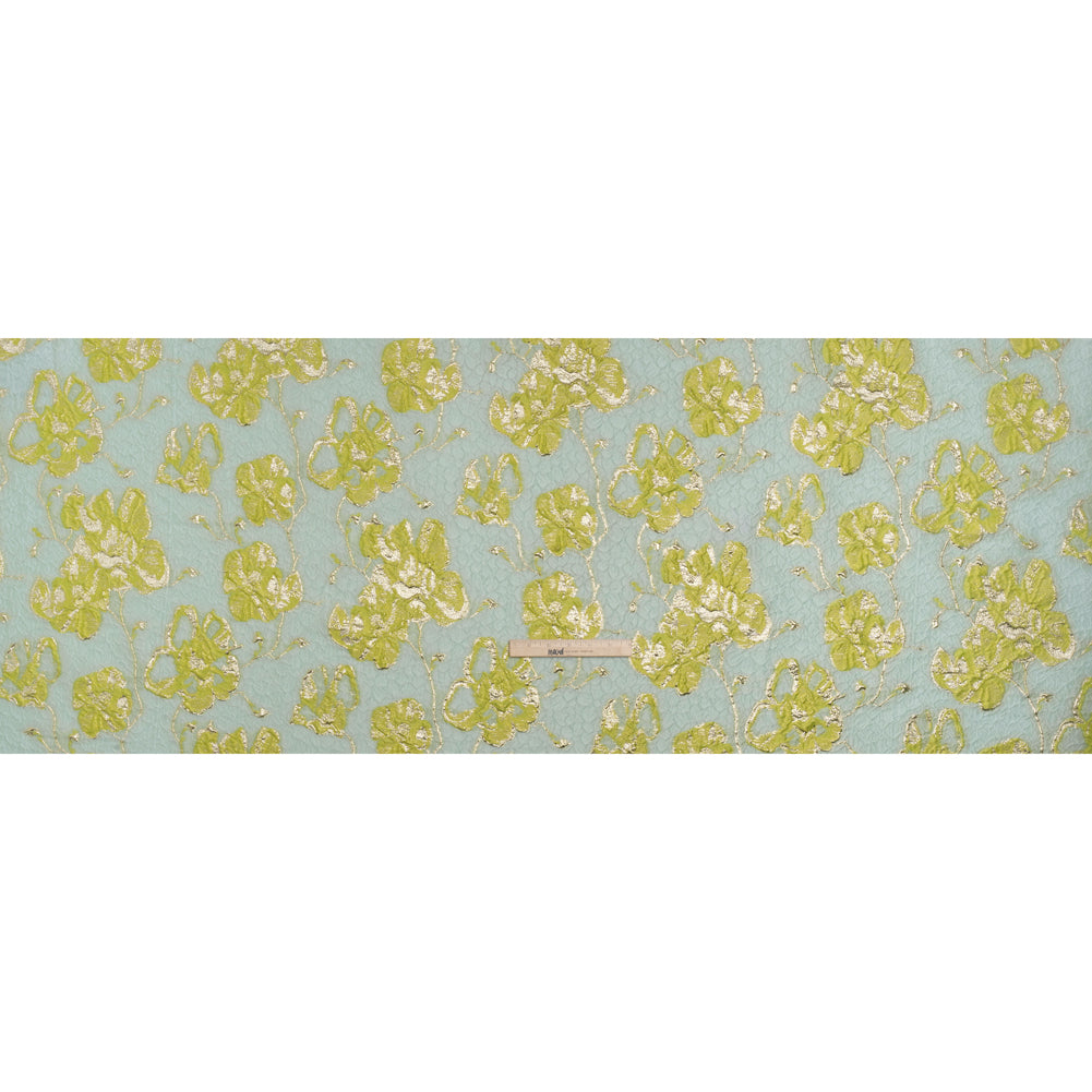 Metallic Brocade - Aqua Blue, Lime Green and Gold Flowers on Flowers