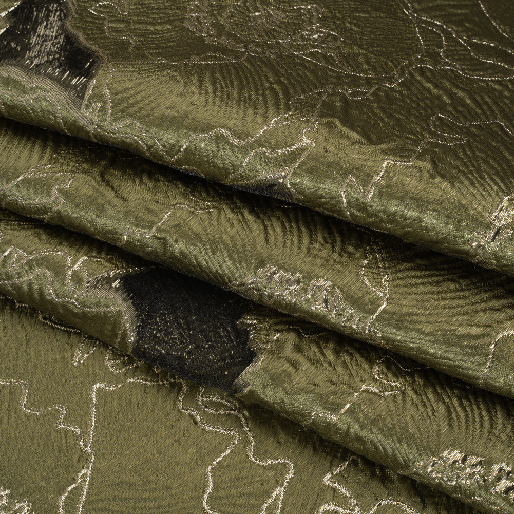 Metallic Burnout Brocade - Olive Green and Gold All-Over Outlined Flowers
