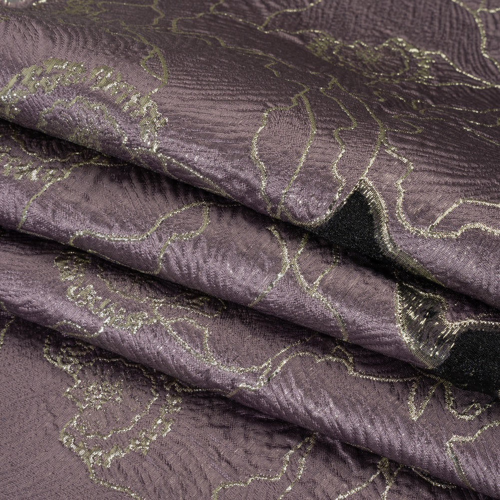 Metallic Burnout Brocade - Plum Purple and Gold All-Over Outlined Flowers