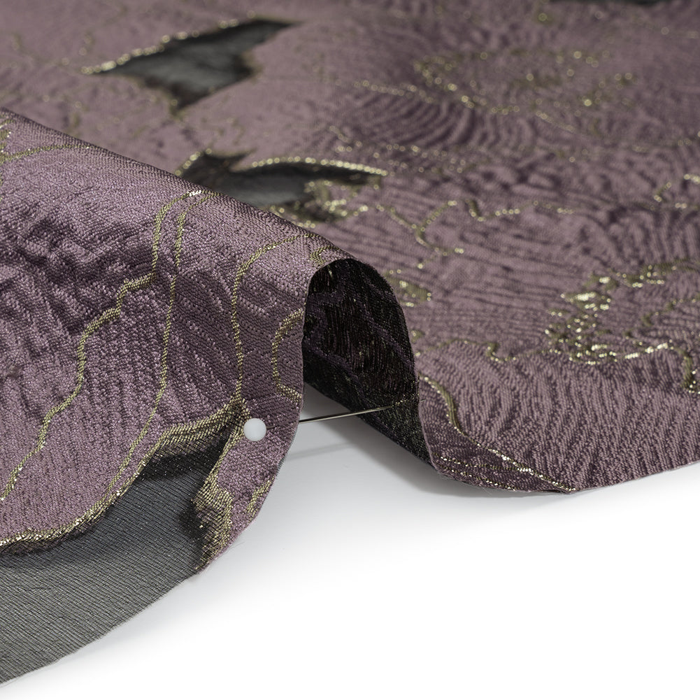 Metallic Burnout Brocade - Plum Purple and Gold All-Over Outlined Flowers