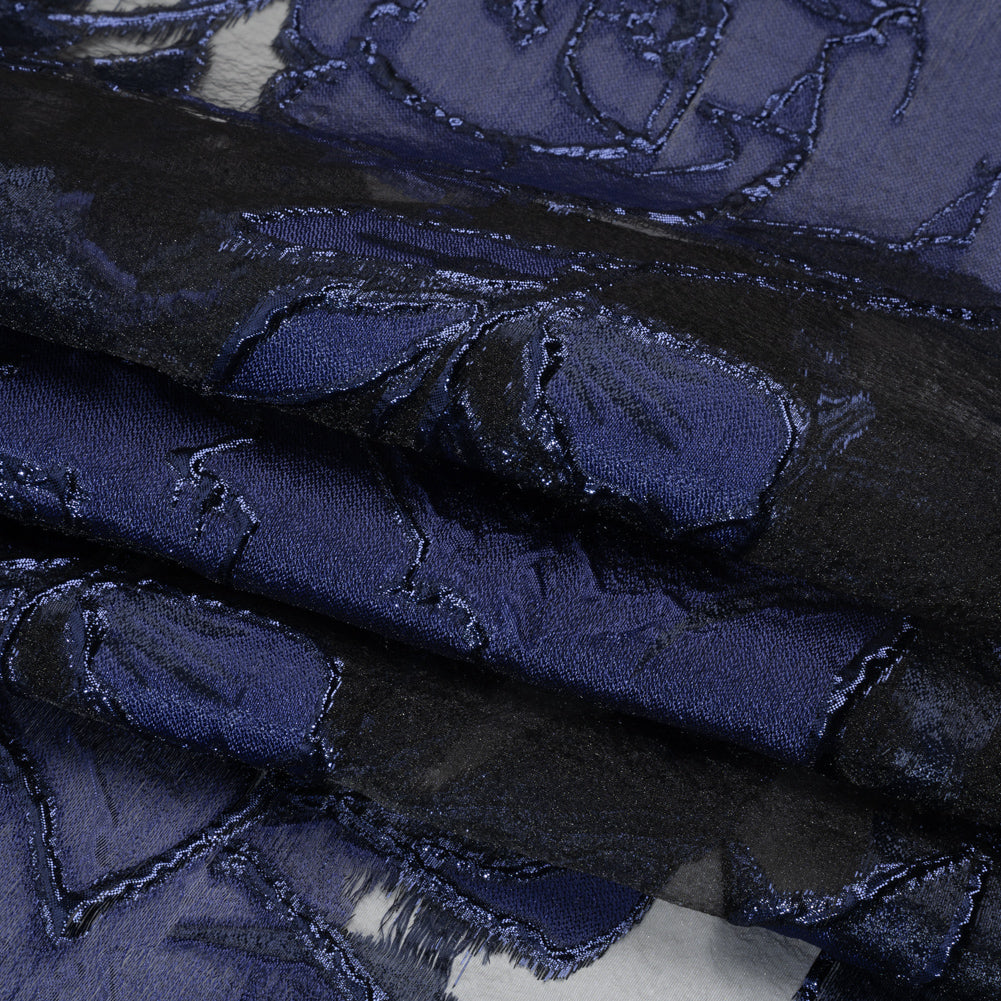 Metallic Burnout Brocade - Black and Navy Blue Roses and Hyacinths