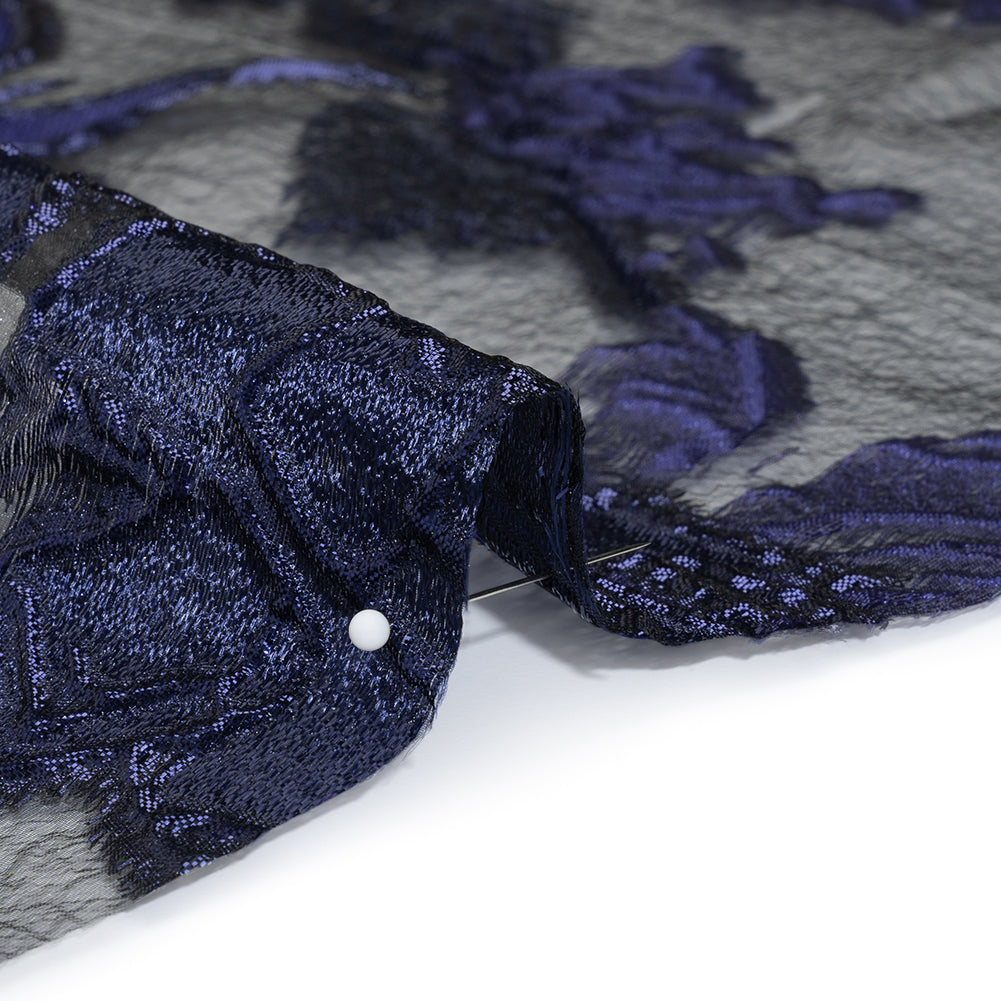 Metallic Burnout Brocade - Black and Navy Blue Roses and Hyacinths