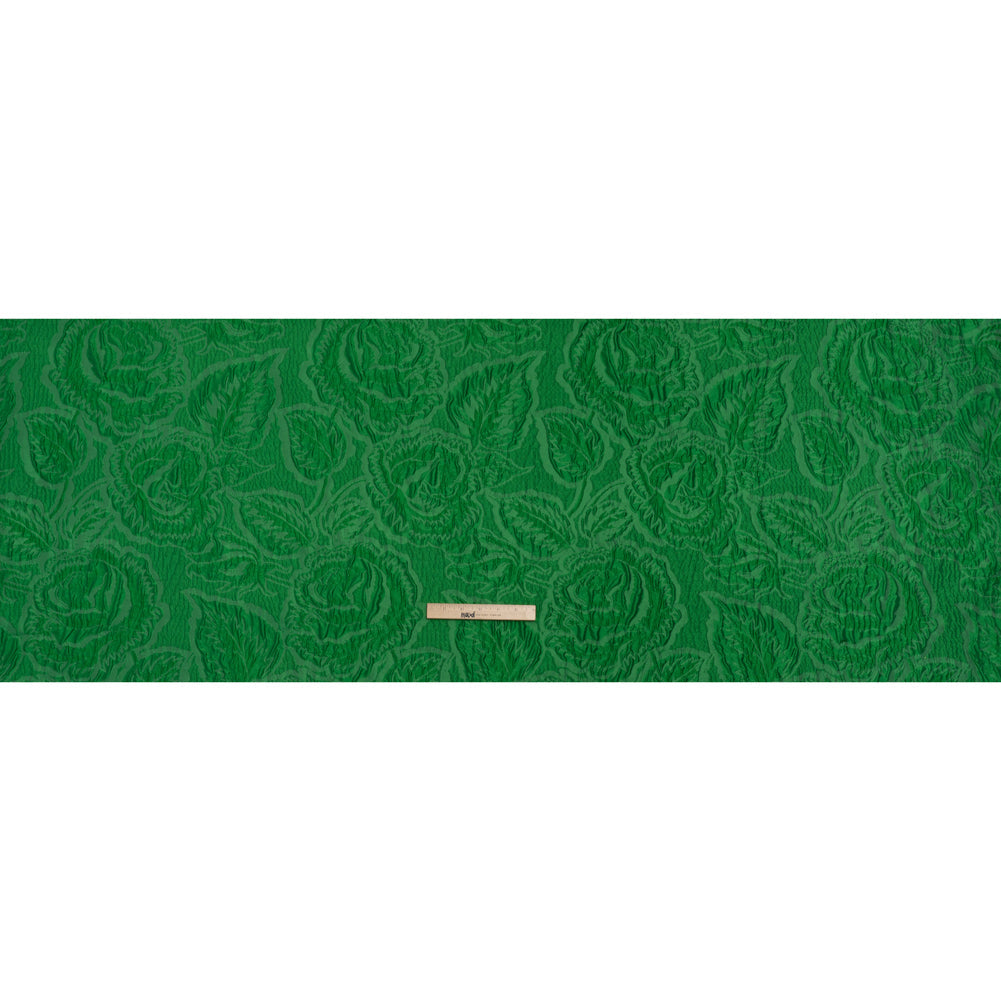 Polyester Brocade - Monochrome Kelly Green Roses and Leaves