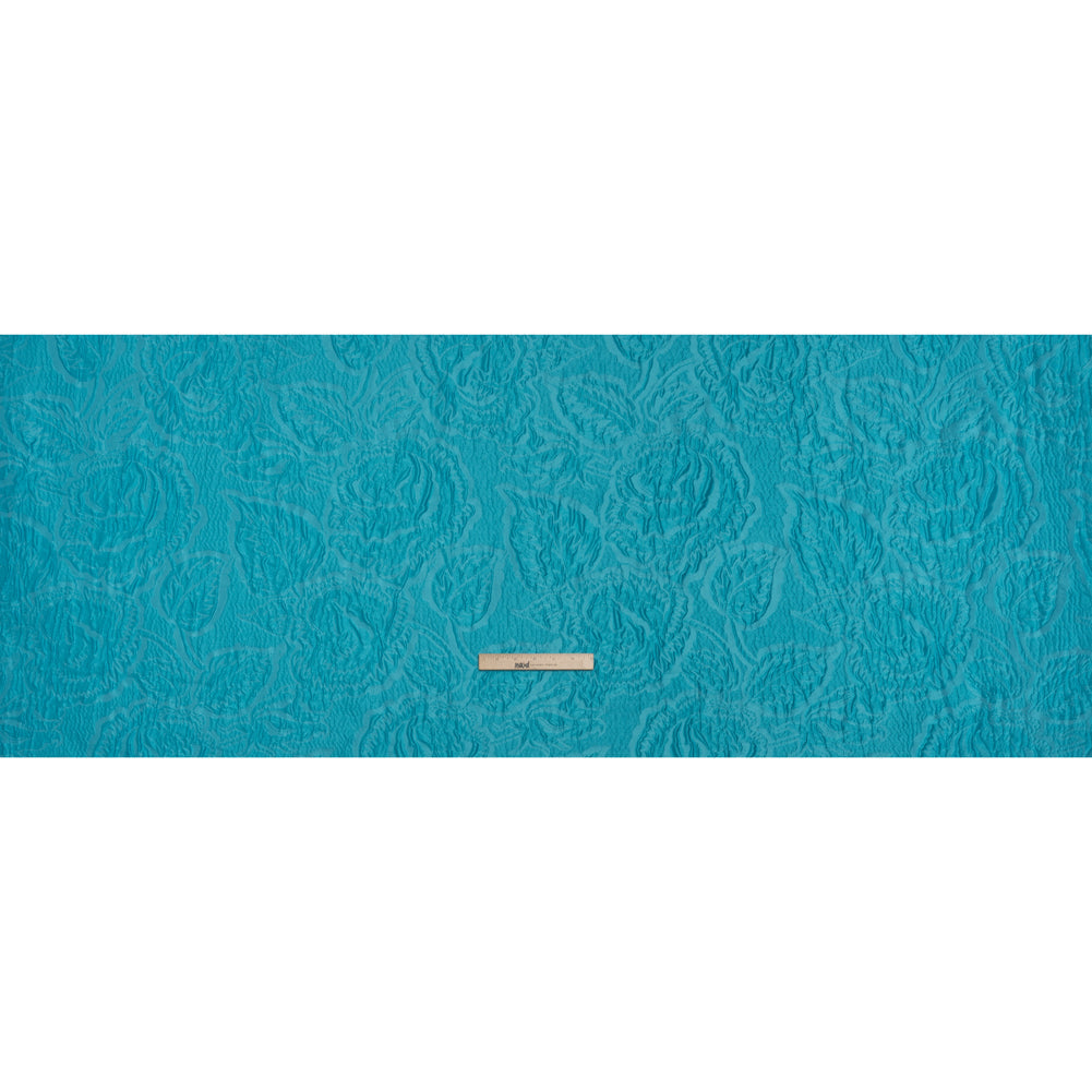 Polyester Brocade - Monochrome Turquoise Roses and Leaves