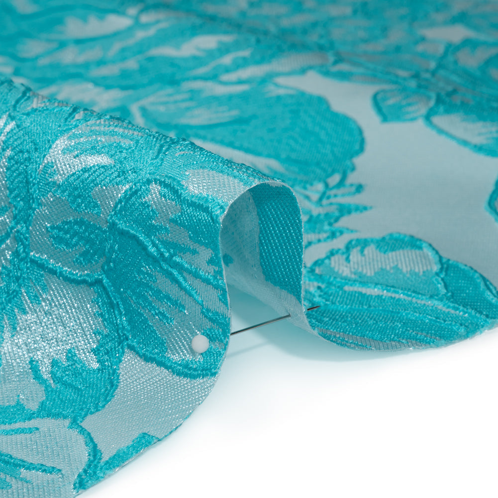 Polyester Brocade - Pale Blue and Turquoise Cabbage Roses