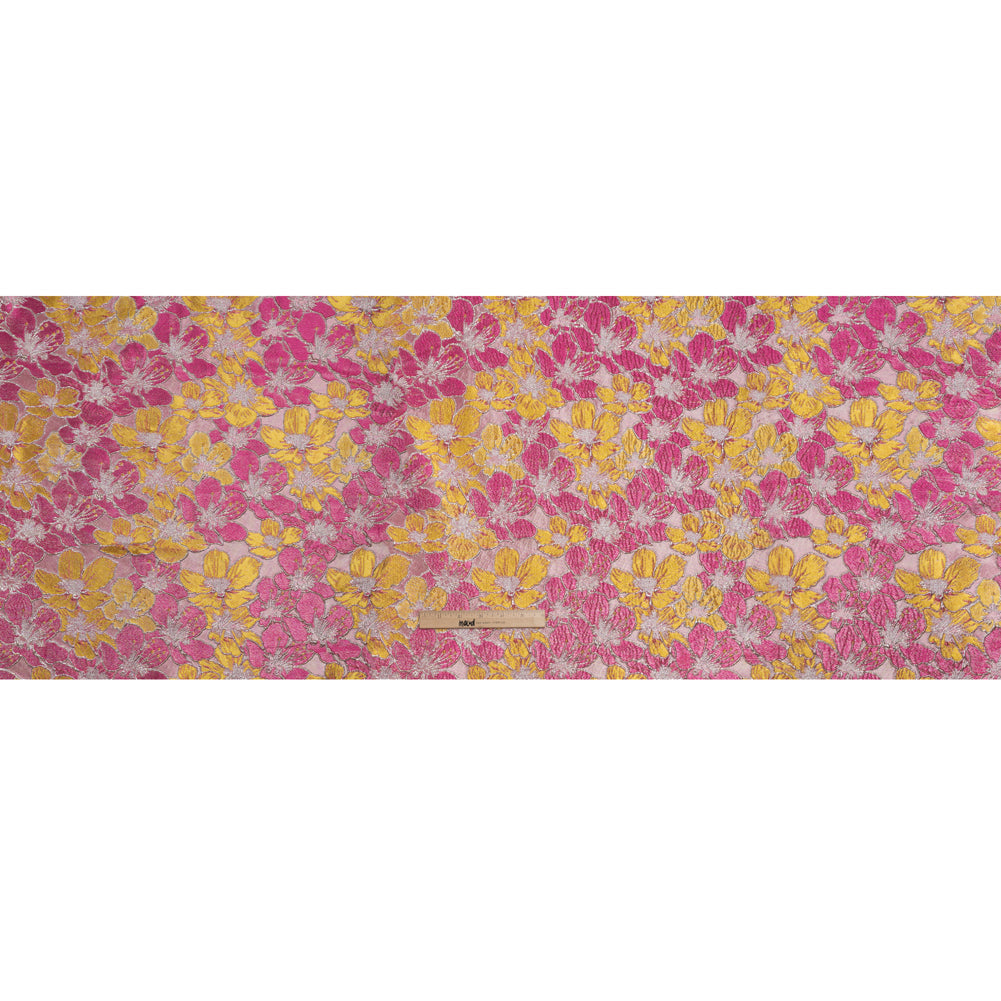 Metallic Brocade - Bright Pink, Yellow and Silver Floating Blossoms