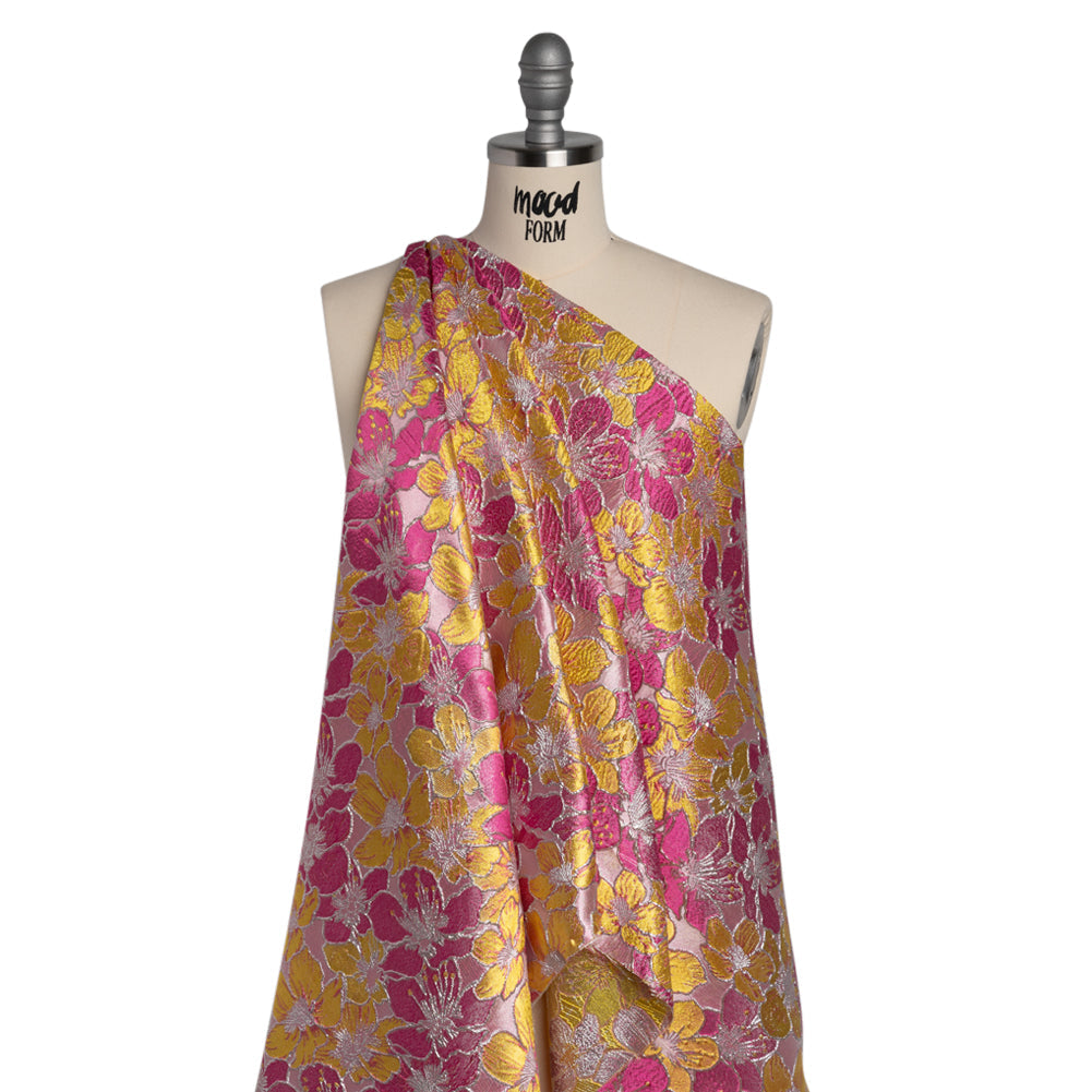 Metallic Brocade - Bright Pink, Yellow and Silver Floating Blossoms