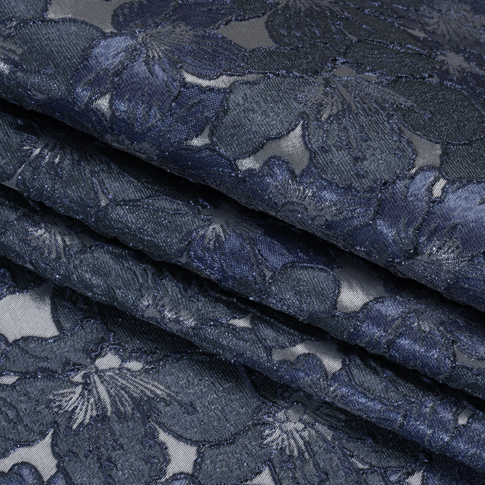 Metallic Brocade - Navy, Blue and Steel Gray Floating Blossoms