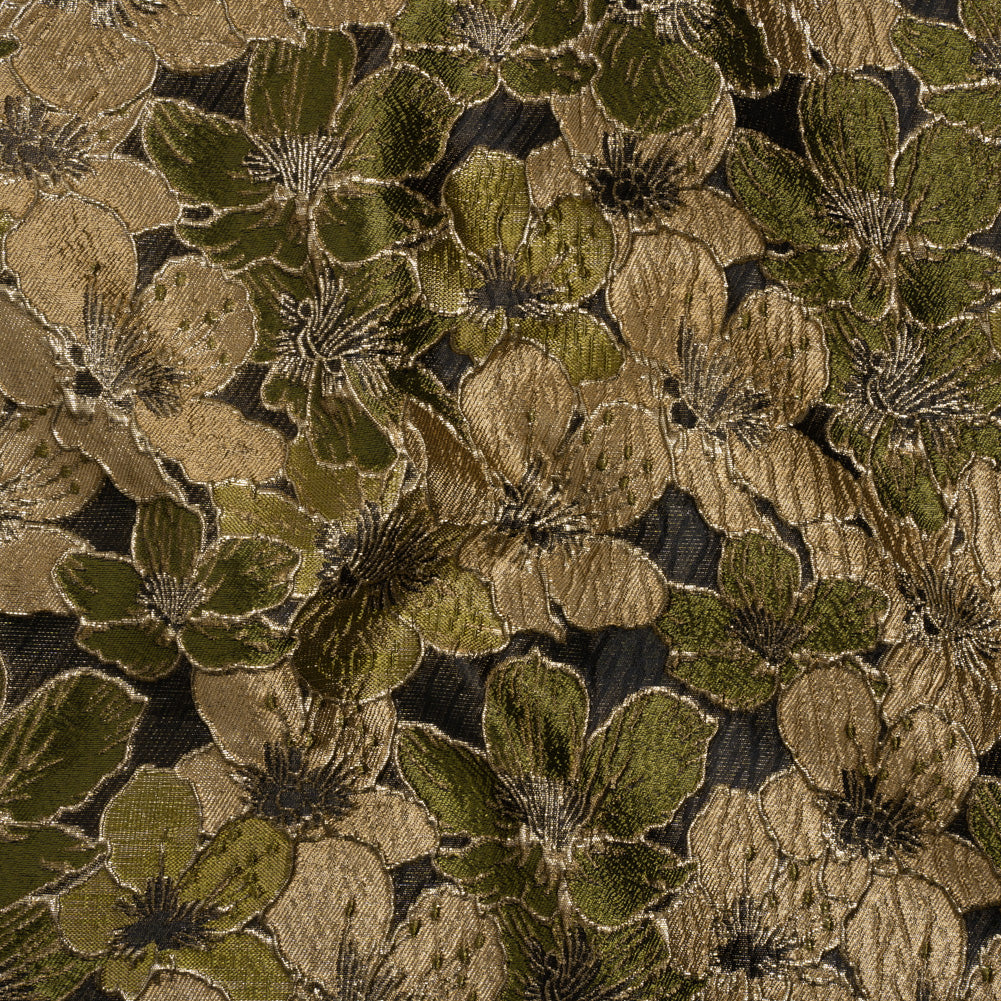 Metallic Brocade - Olive Green, Beige and Gold Floating Blossoms