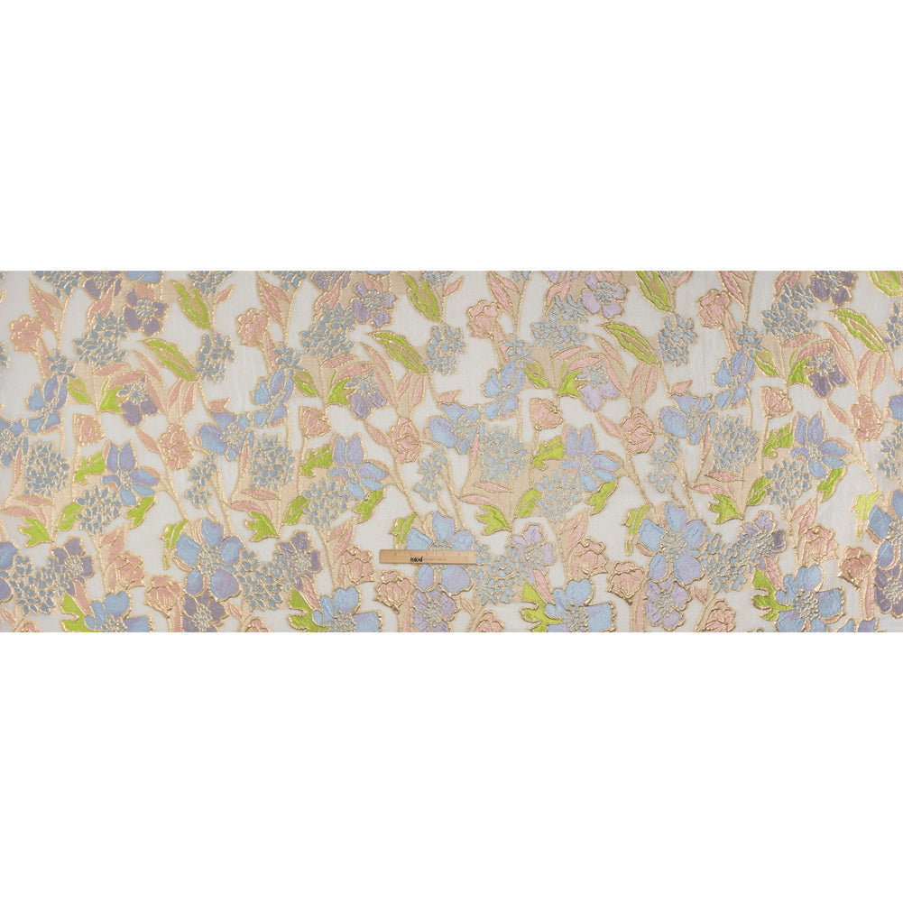 Metallic Burnout Brocade - Baby Pink, Sky Blue and Gold Festive Florals