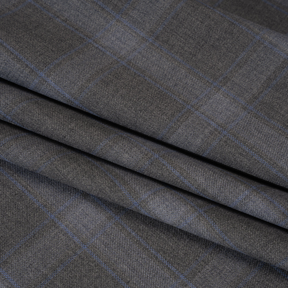 Super 130s Wool Twill Suiting Made in Italy - Gray and Sky Blue Plaid - Deadstock