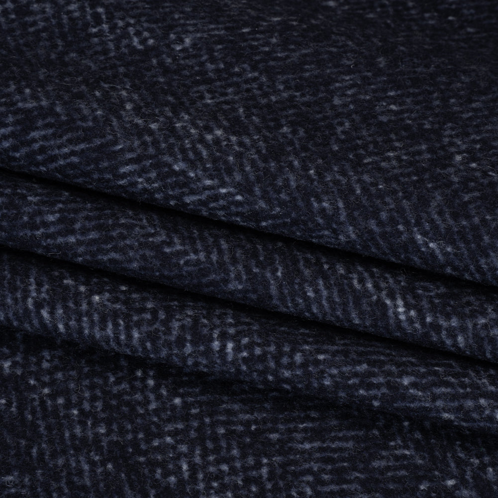 Brushed Wool and Silk Coating Made in Italy - Tweedy Blue and Navy Herringbone - Deadstock