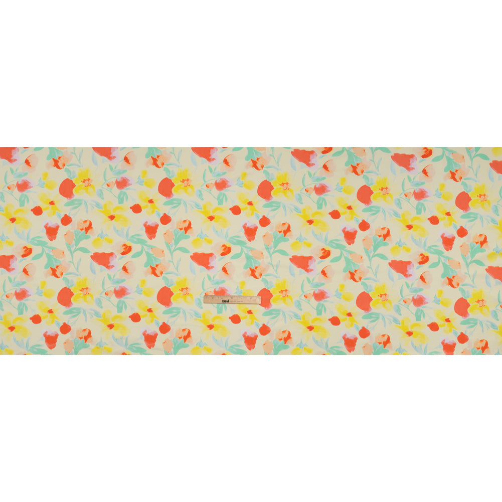 Stretch Nylon Swimwear Tricot - Lemon Yellow, Red Orange and Mint Green Painted Flowers - Designer Deadstock