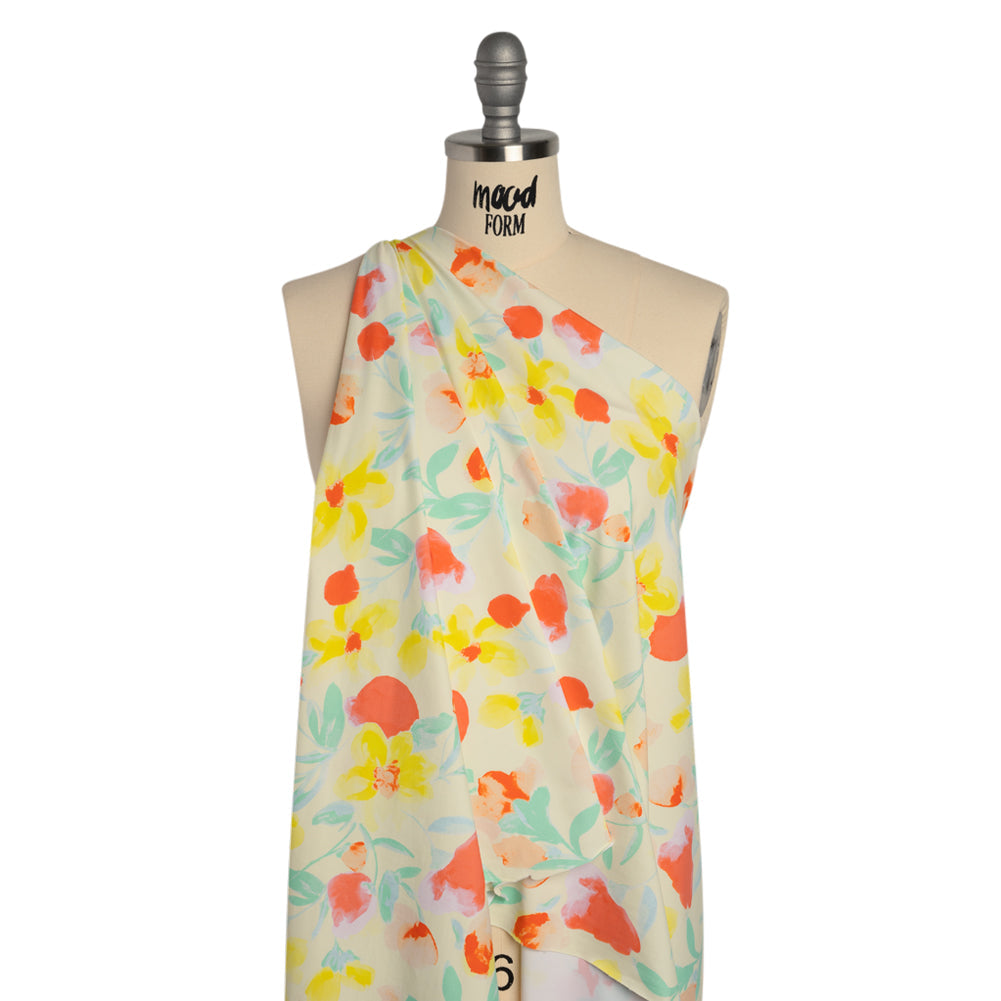 Stretch Nylon Swimwear Tricot - Lemon Yellow, Red Orange and Mint Green Painted Flowers - Designer Deadstock