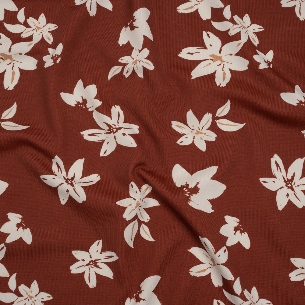 Stretch Nylon Jersey - Russet Brown and Cream Floral - Designer Deadstock