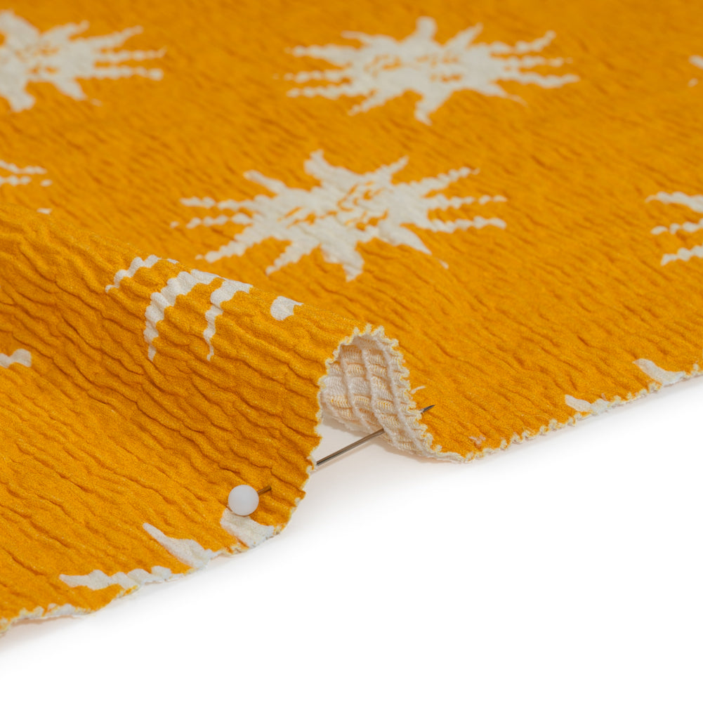 Stretch Ruched Nylon Jersey - Marigold Yellow and White Suns with Faces - Designer Deadstock
