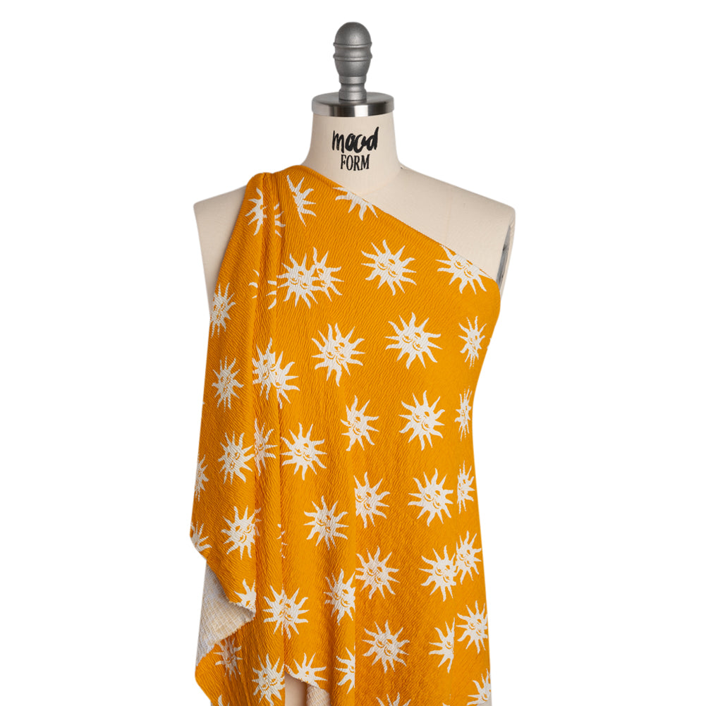Stretch Ruched Nylon Jersey - Marigold Yellow and White Suns with Faces - Designer Deadstock