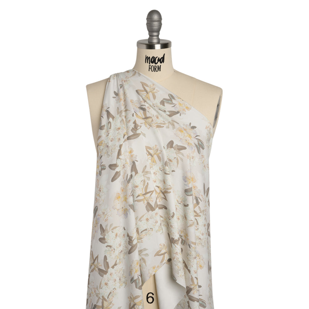 Stretch Nylon Jersey - Cream, Olive and Pale Yellow Floral - Designer Deadstock