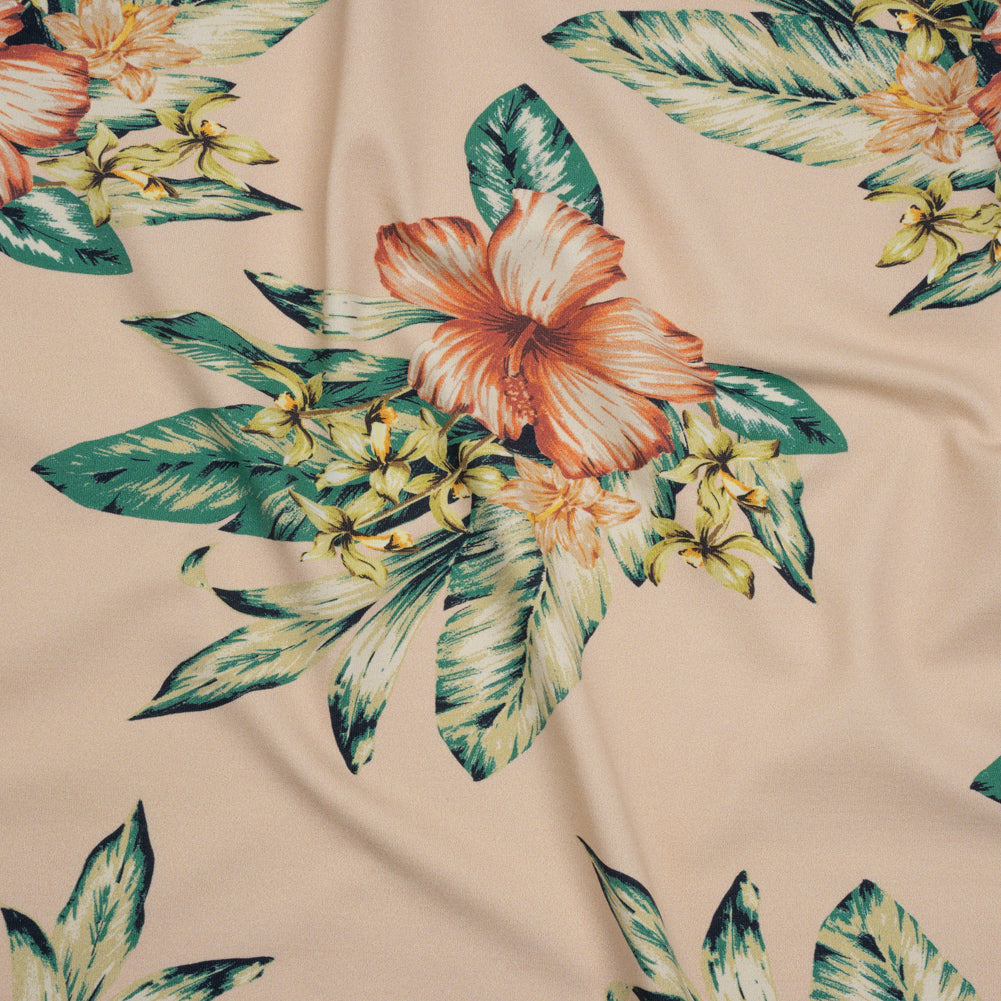 Stretch Nylon Swimwear Tricot - Beige, Green and Pink Tropical Bouquets - Designer Deadstock