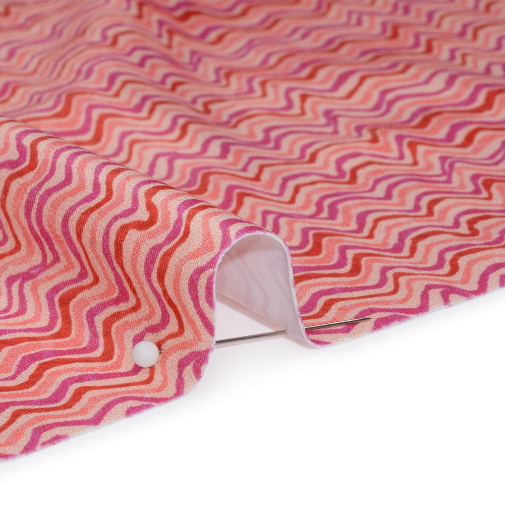 Stretch Nylon Swimwear Tricot - Magenta, Red and Pink Wavy Lines - Designer Deadstock