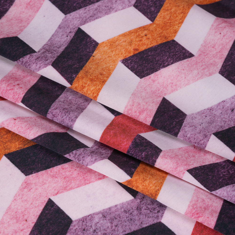 Stretch Nylon Jersey - Eggplant Purple, Pink and Burnt Orange Geometric Chevrons - Designer Deadstock