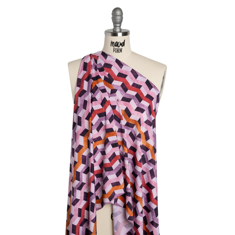 Stretch Nylon Jersey - Eggplant Purple, Pink and Burnt Orange Geometric Chevrons - Designer Deadstock
