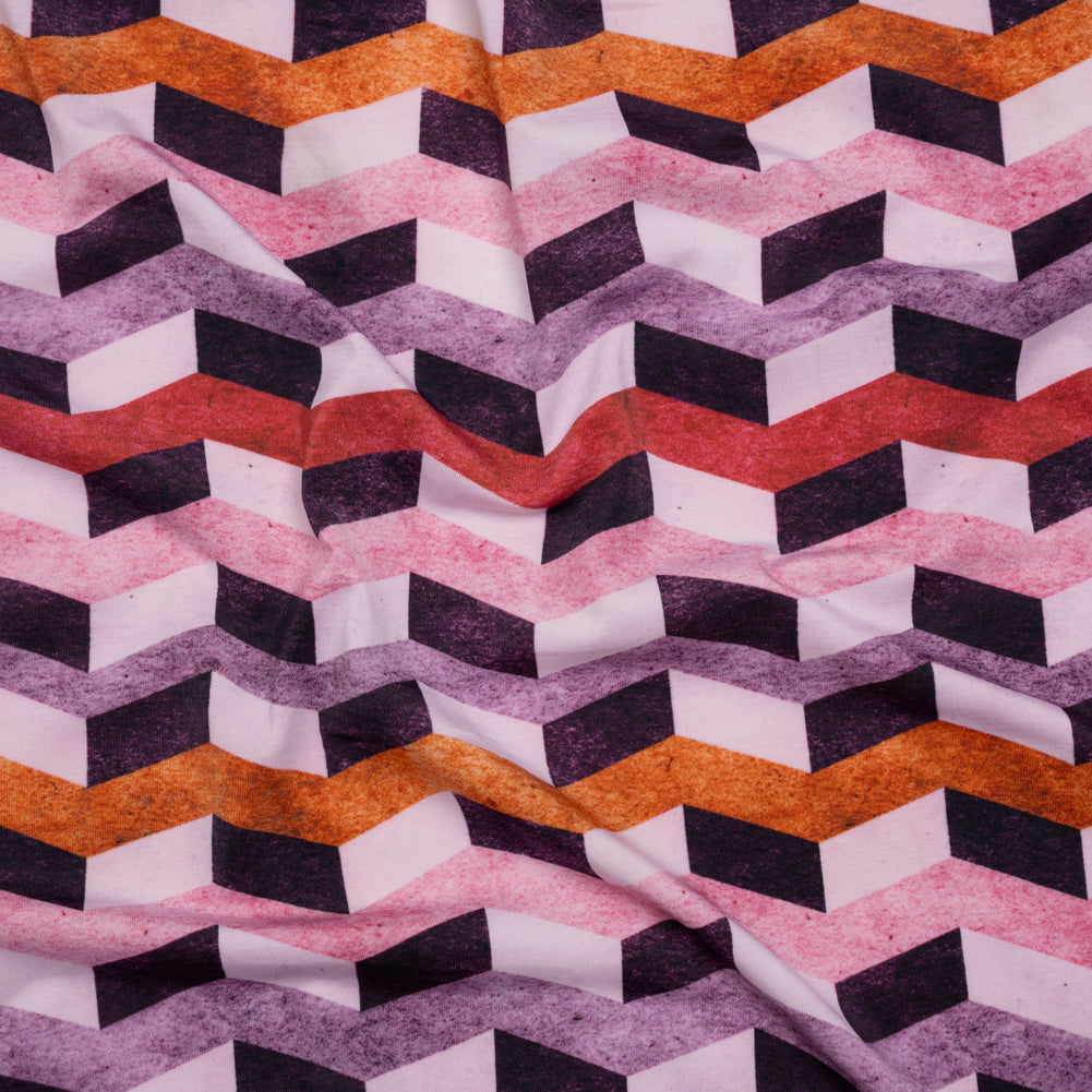Stretch Nylon Jersey - Eggplant Purple, Pink and Burnt Orange Geometric Chevrons - Designer Deadstock