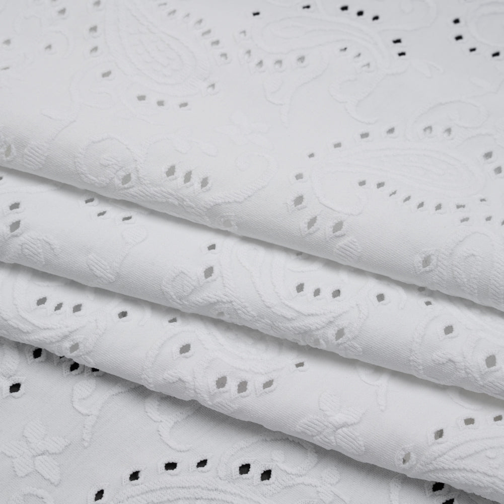 Stretch Nylon Eyelet Jacquard Knit - White Paisley - Designer Deadstock