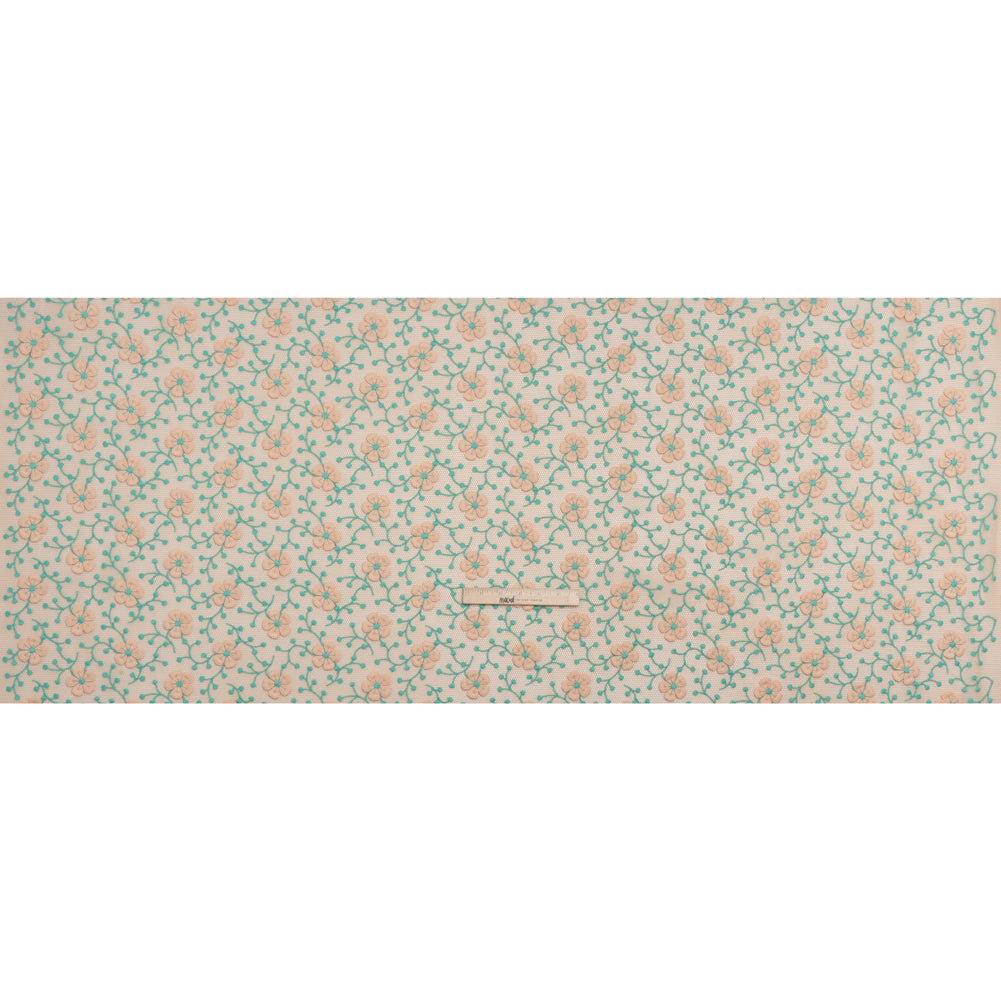 3D Embroidered Spacer Mesh - Peach and Turquoise Floral Vines - Designer Deadstock