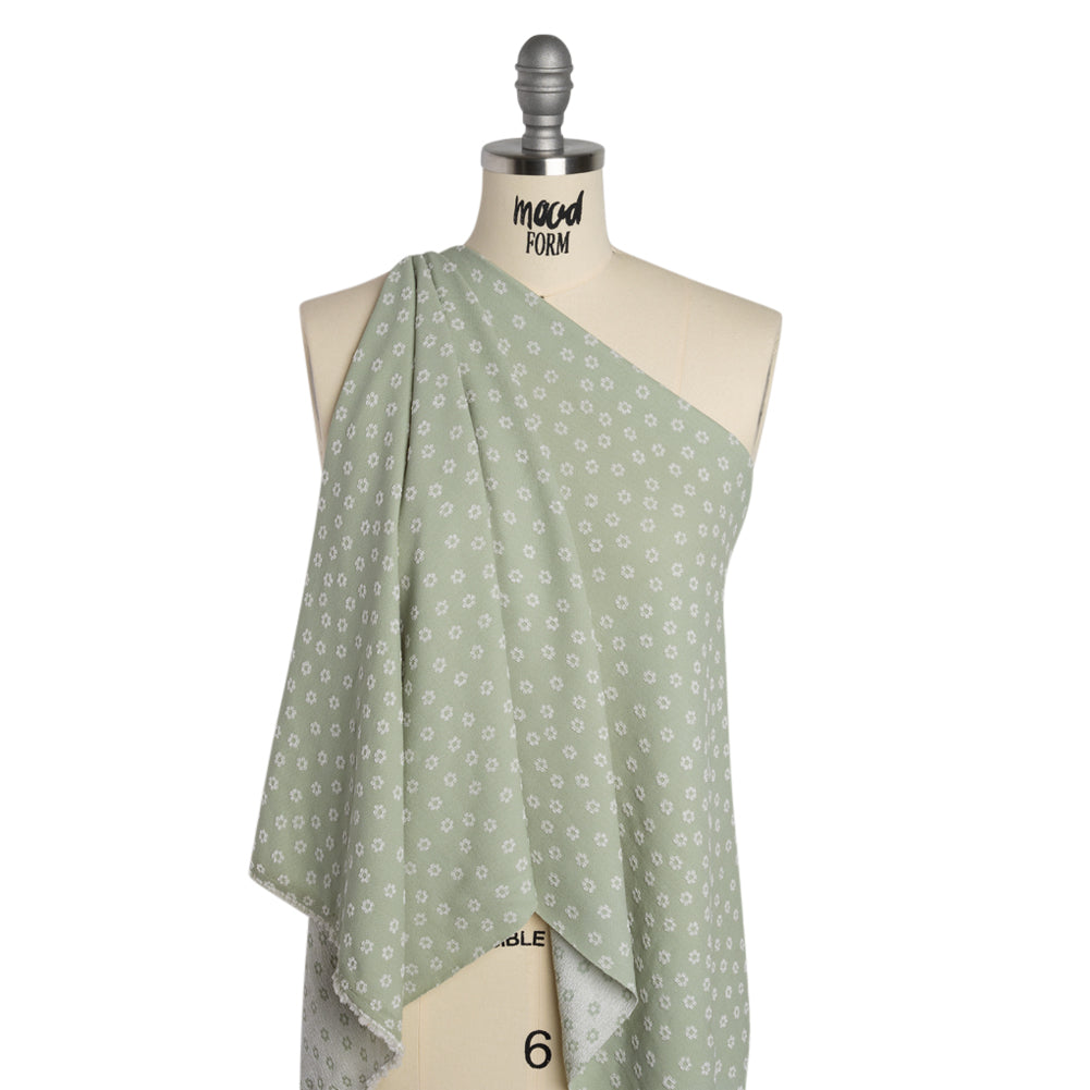 Stretch Textured Nylon Jacquard Knit - White and Jade Green Flower Dots - Designer Deadstock