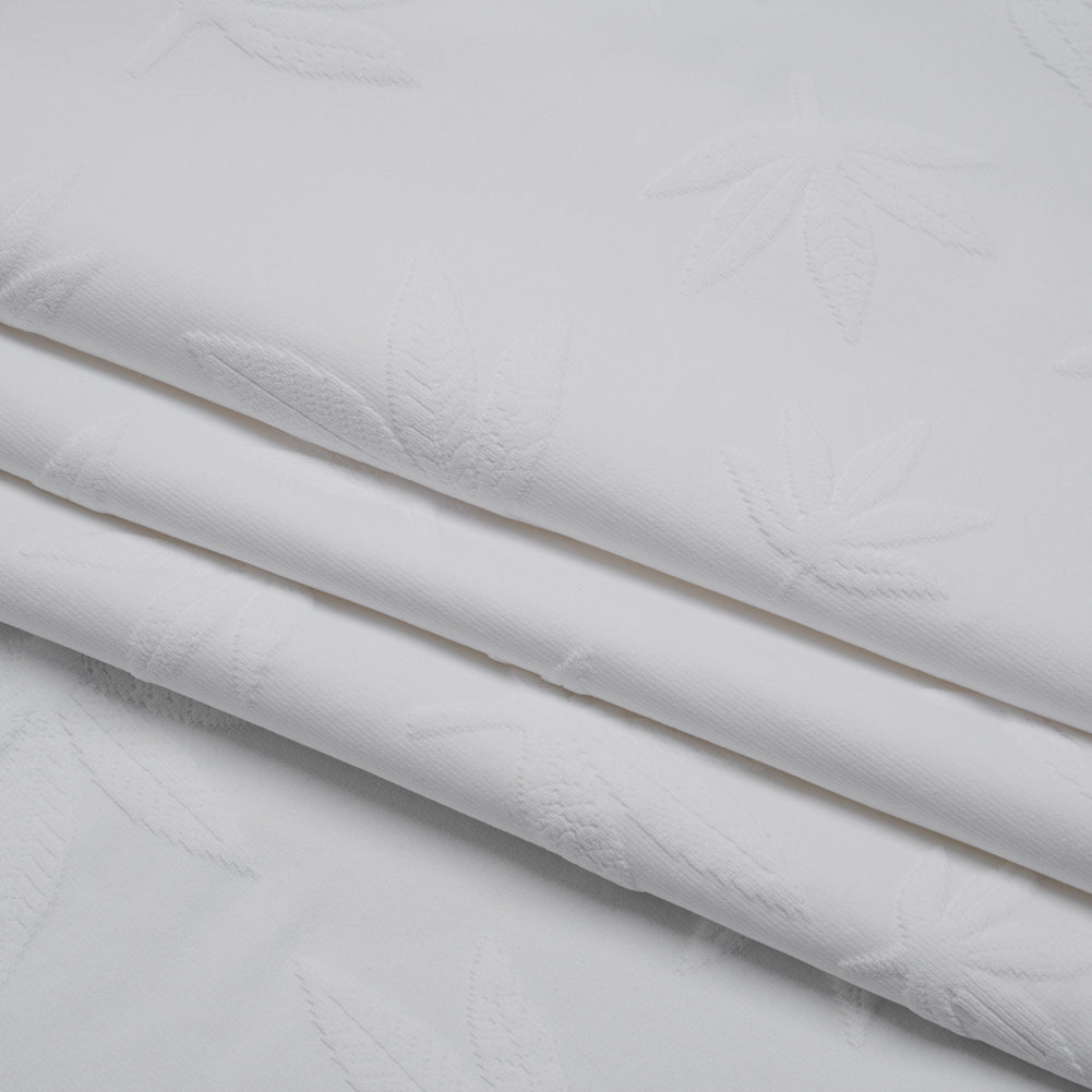 Stretch Polyester Jacquard Knit - White Scattered Leaves - Designer Deadstock