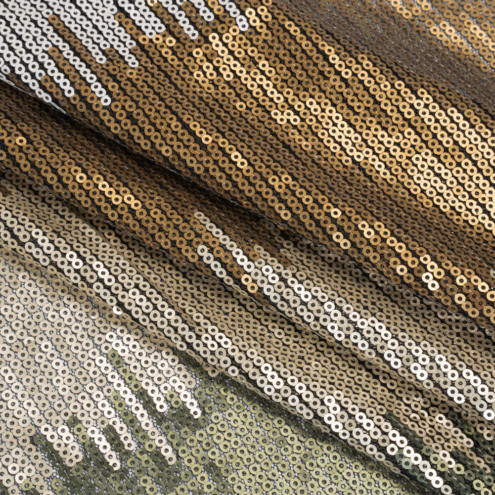 Baby Sequins on Black Stretch Mesh - Olive Green, Light Beige and Tan Ikat Stripes - Deadstock