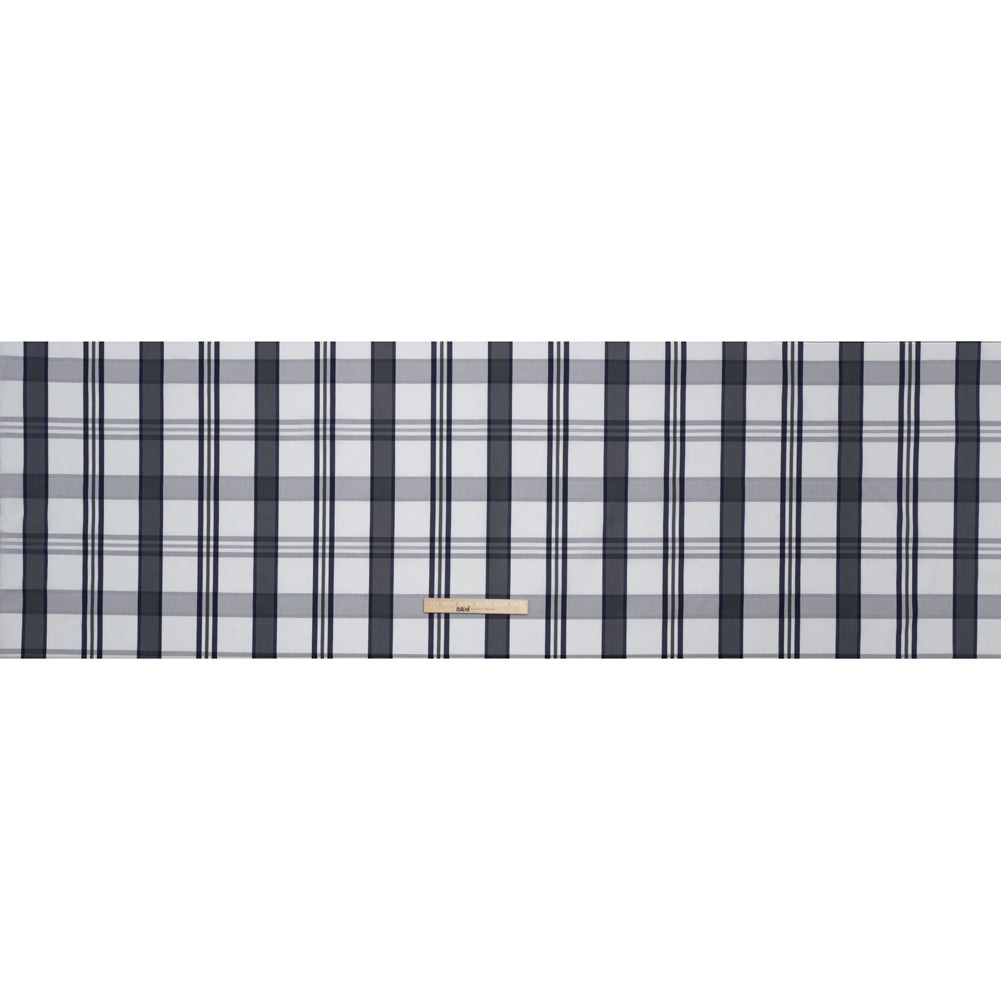 Cotton Shirting - Charcoal, White and Navy Plaid - Designer Deadstock