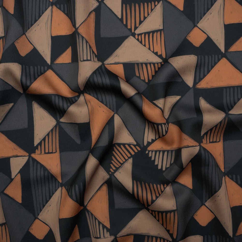 Polyester Crepe-Back Satin - Midnight, Taupe and Burnt Orange Painterly Triangles - Mood Exclusive Fractured Forms Print