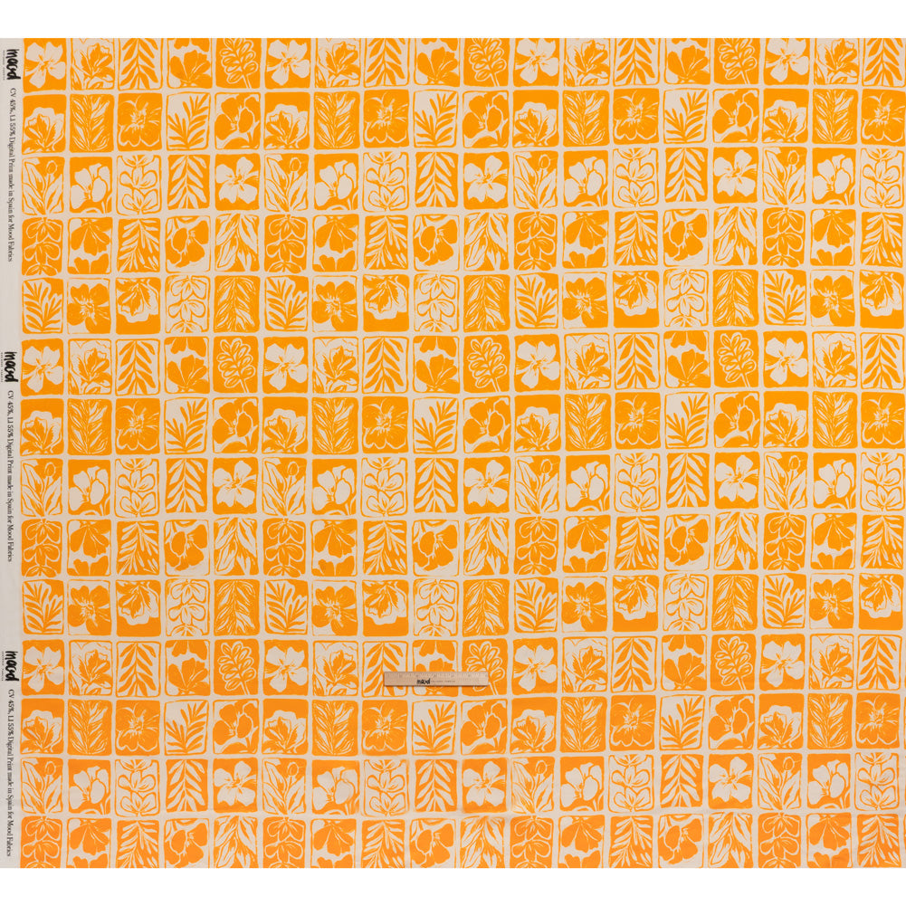 Linen and Rayon Woven - Sunshine Yellow and Cream Leaf and Flower Blocks - Mood Exclusive Terrarium Tendrils Print