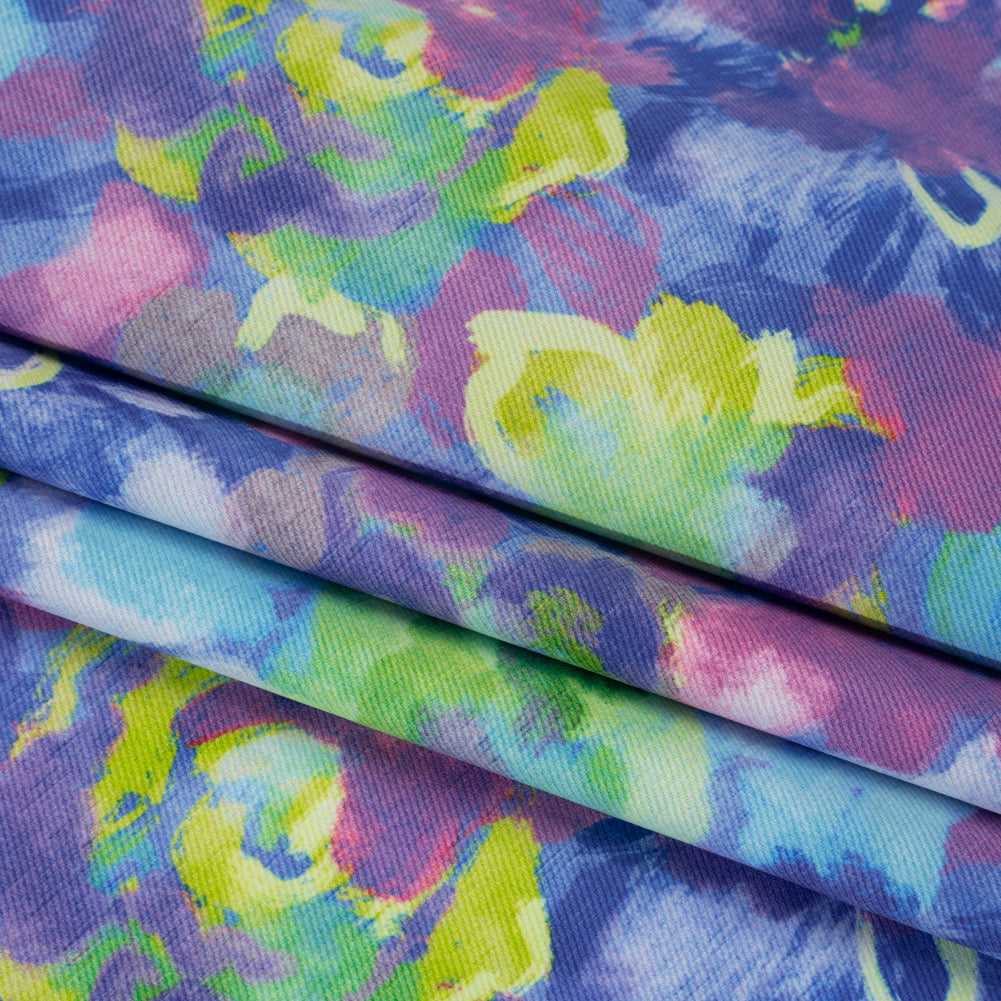 Peached Polyester Twill - Pink, Ultramarine and Lime Green Painted Flowers - Mood Exclusive Painted Posies Print