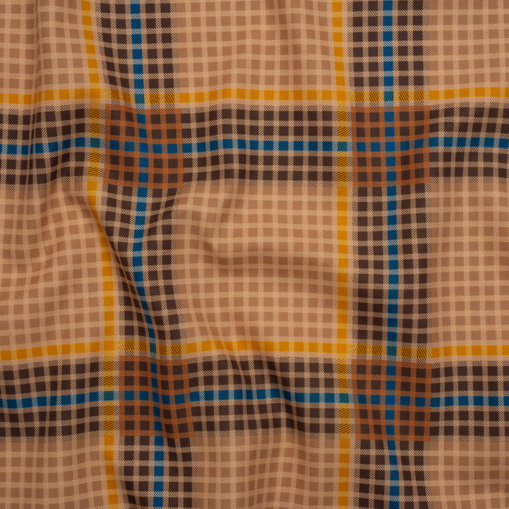 Peached Polyester Twill - Brown, Blue and Yellow Plaid - Mood Exclusive Plot Point Print