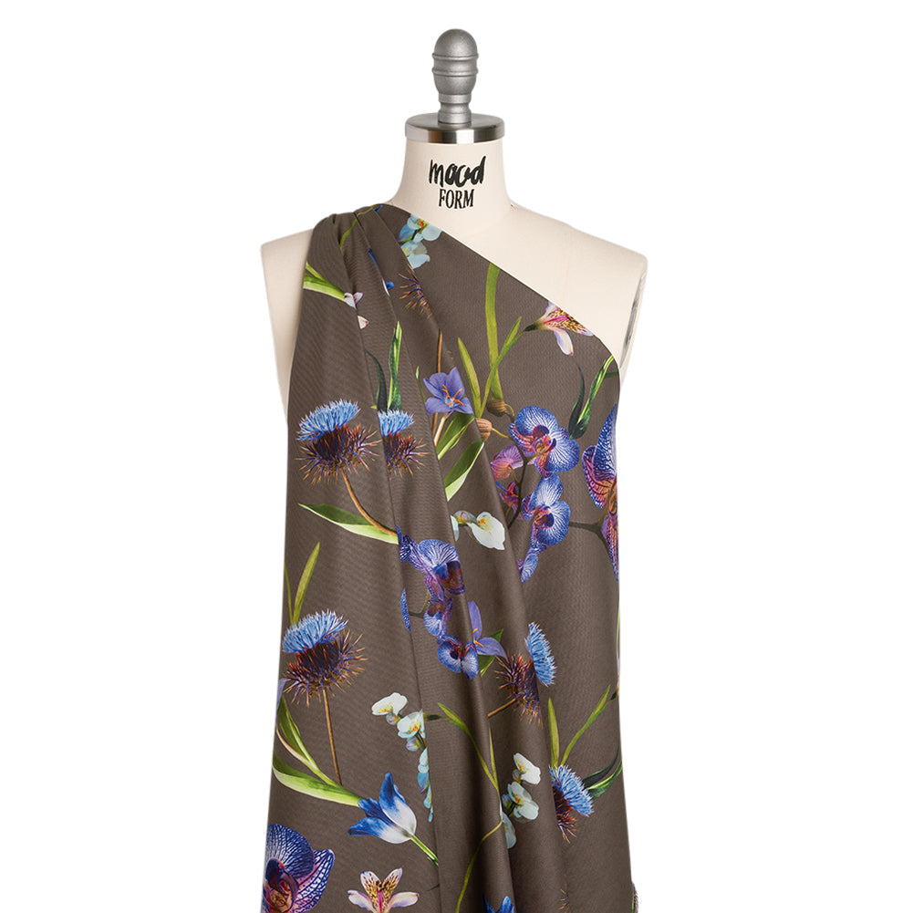 Peached Polyester Twill - Taupe, Blue and Green Orchids - Mood Exclusive Petal Reverie Print