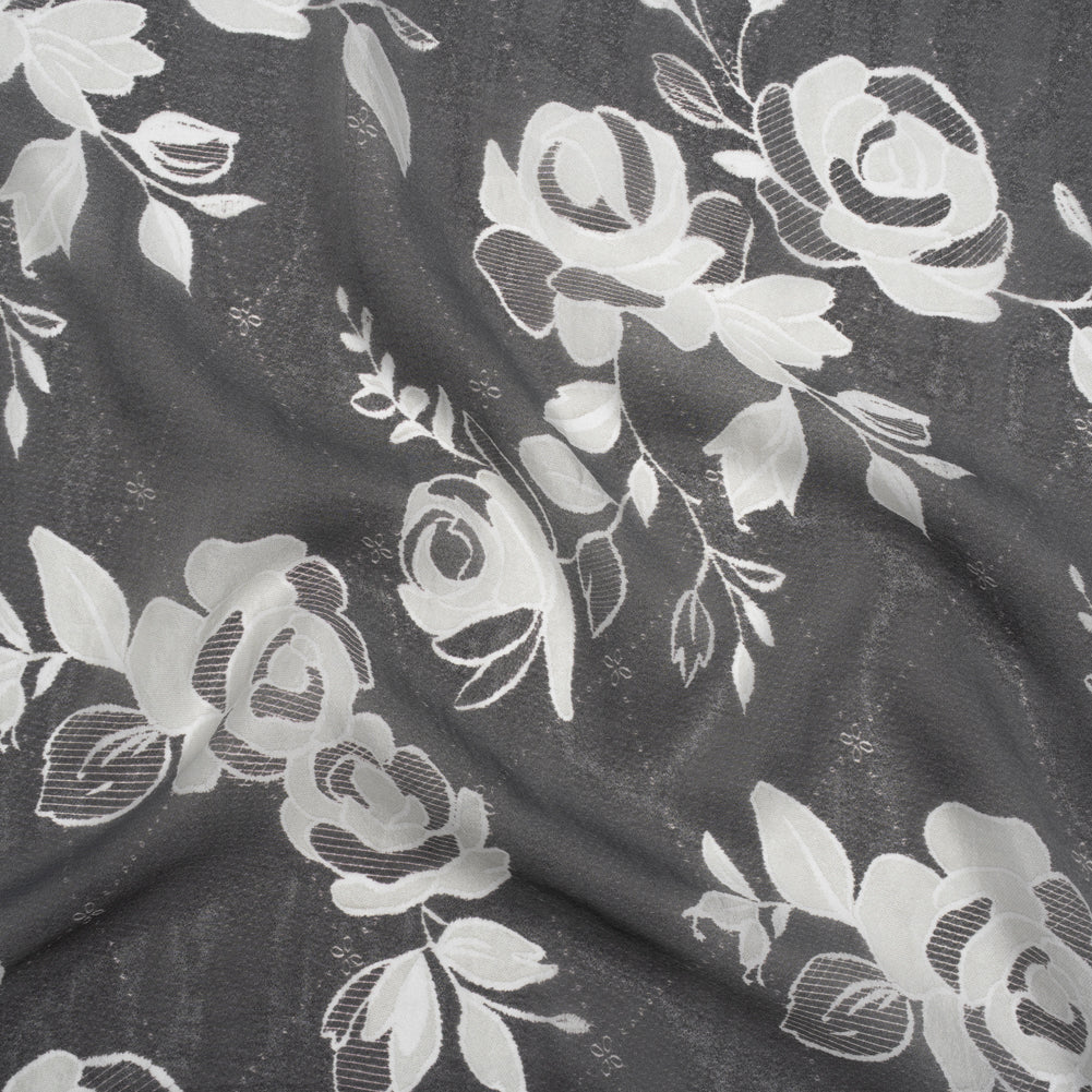 Viscose and Polyester Crepe Organza - Charcoal and Silver Roses - Mood Exclusive Sweet Morning Fog Print