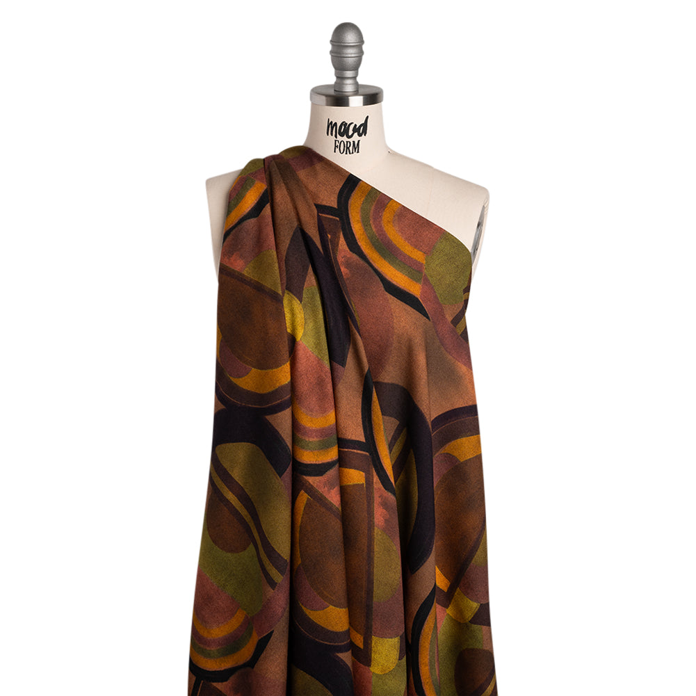 Viscose Crepe - Brown, Dark Red and Olive Green Soft Geometrics - Mood Exclusive Orphic Orbits Print