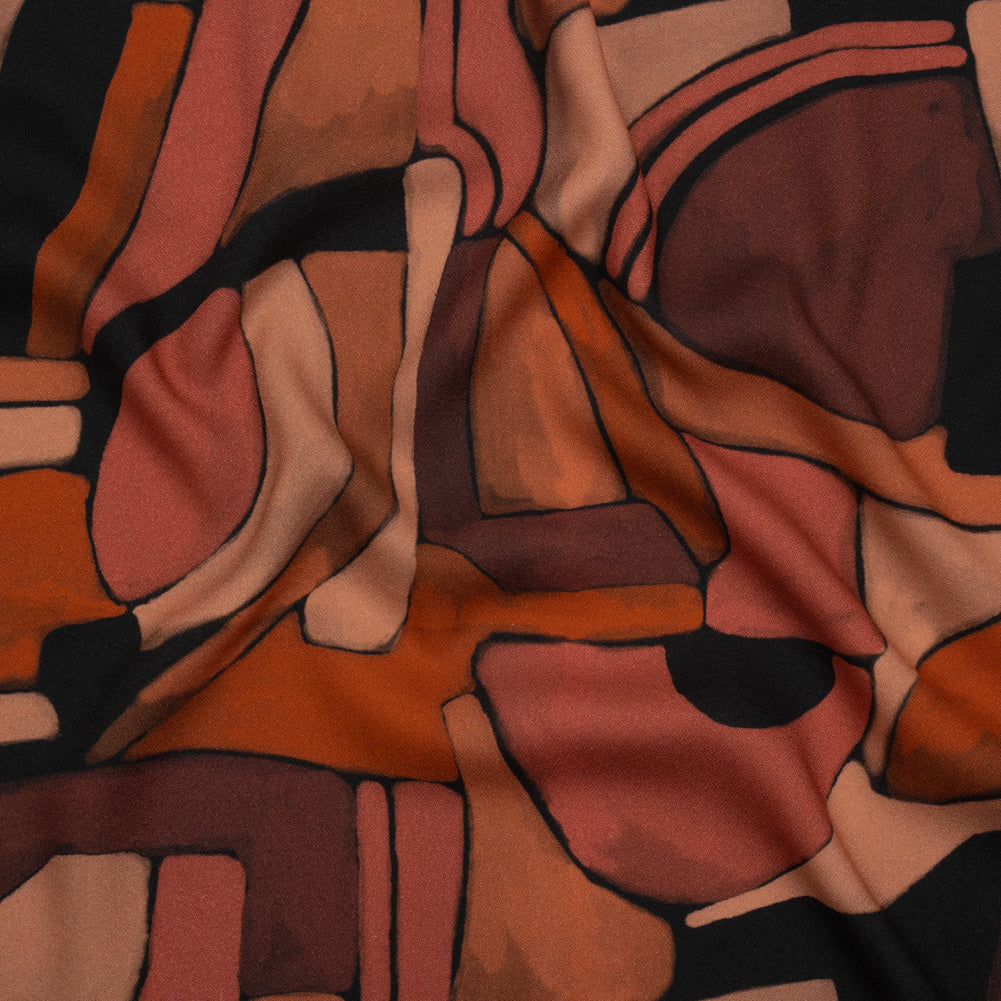 Viscose Crepe - Burgundy, Orange and Peach Abstract Blocks - Mood Exclusive Tumbling Blocks Print