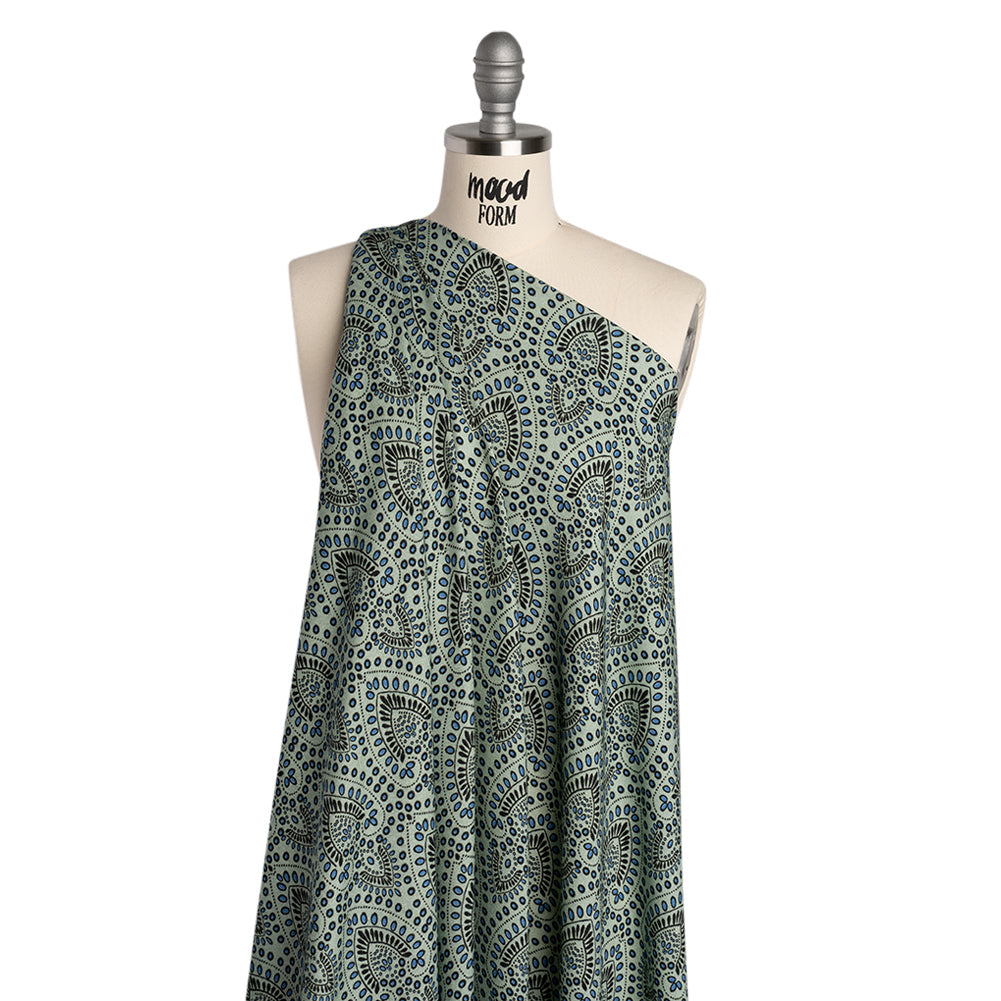 Viscose Crepe - Aqua, Blue and Black Anthemion Paisley - Mood Exclusive Gilded Garland Print